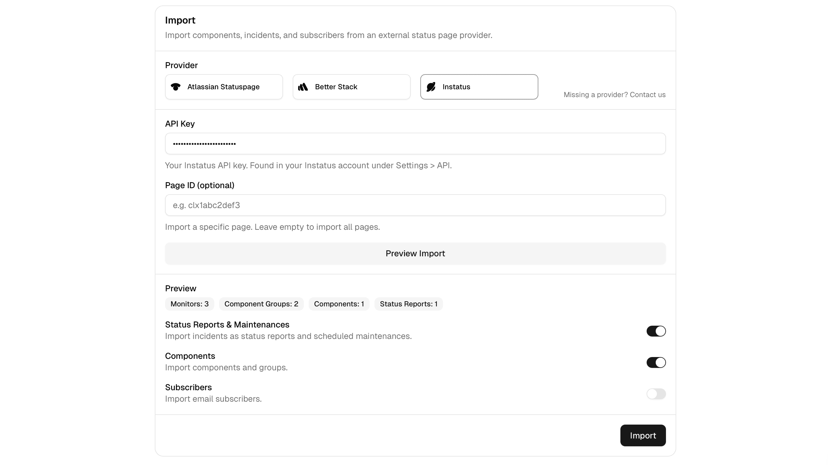 openstatus import form for Instatus with preview summary and import toggles